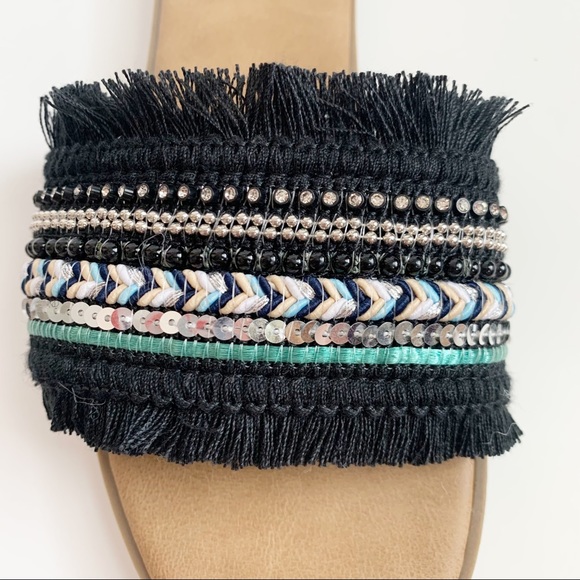 Bamboo Fringe and Sequin Band Flat Slide Sandals, Black Green White, Size 7 1/2 - Picture 3 of 5